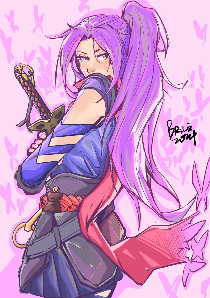 1girl blush bryce_wu bug butterfly from_behind highres insect marvel marvel_rivals ninja ponytail psylocke psylocke_(marvel_rivals) purple_hair solo tagme