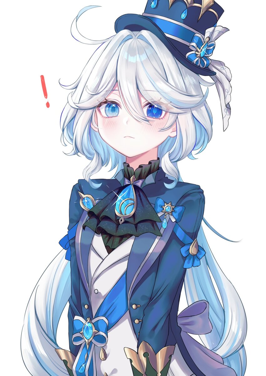 ! 1girl ahoge ascot black_ascot blue_eyes blue_gemstone blue_hair blue_hat blue_jacket blue_pupils blush closed_mouth commentary_request drop-shaped_pupils furina_(genshin_impact) gem genshin_impact hair_between_eyes hat heterochromia highres jacket light_frown long_hair long_sleeves looking_at_viewer mochi_mochi052 multicolored_hair ouji_fashion simple_background solo streaked_hair symbol-shaped_pupils teardrop-shaped_gem upper_body very_long_hair white_background white_hair