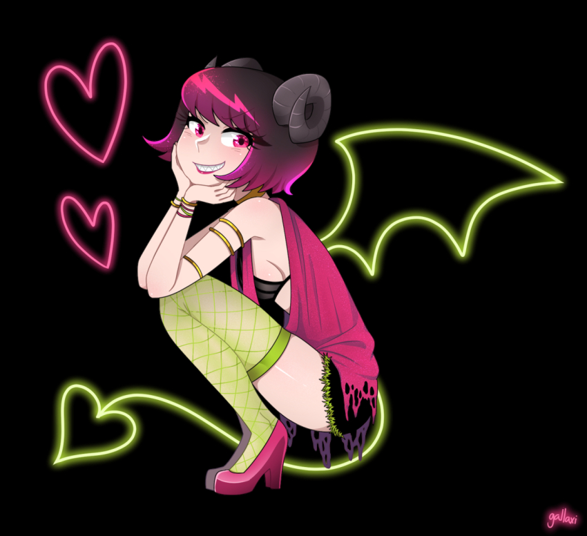 1girl arms_on_knees bikini black_background black_bikini black_hair black_skirt bracelet breasts choker demon_horns fishnet_pantyhose fishnets from_side gallaxi glowing glowing_tail glowing_wings gold_bracelet gold_choker gradient_background green_pantyhose hands_on_own_cheeks hands_on_own_face heart high_heels horns jewelry light_blush looking_at_viewer medium_breasts multiple_bracelets original pantyhose pink_eyes pink_hair pink_lips purple_shirt sharp_teeth shirt sideboob signature skirt smile solo squatting swimsuit tail teeth wings