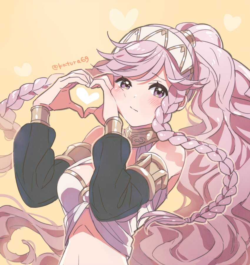 1girl absurdres black_sleeves blush bracelet braid closed_mouth detached_sleeves fire_emblem fire_emblem_awakening hairband heart heart_hands highres jewelry katsura_ichiho long_hair looking_at_viewer midriff nintendo olivia_(fire_emblem) own_hands_together pink_hair ponytail purple_eyes simple_background solo stomach twin_braids twitter_username very_long_hair wavy_hair white_hairband yellow_eyes