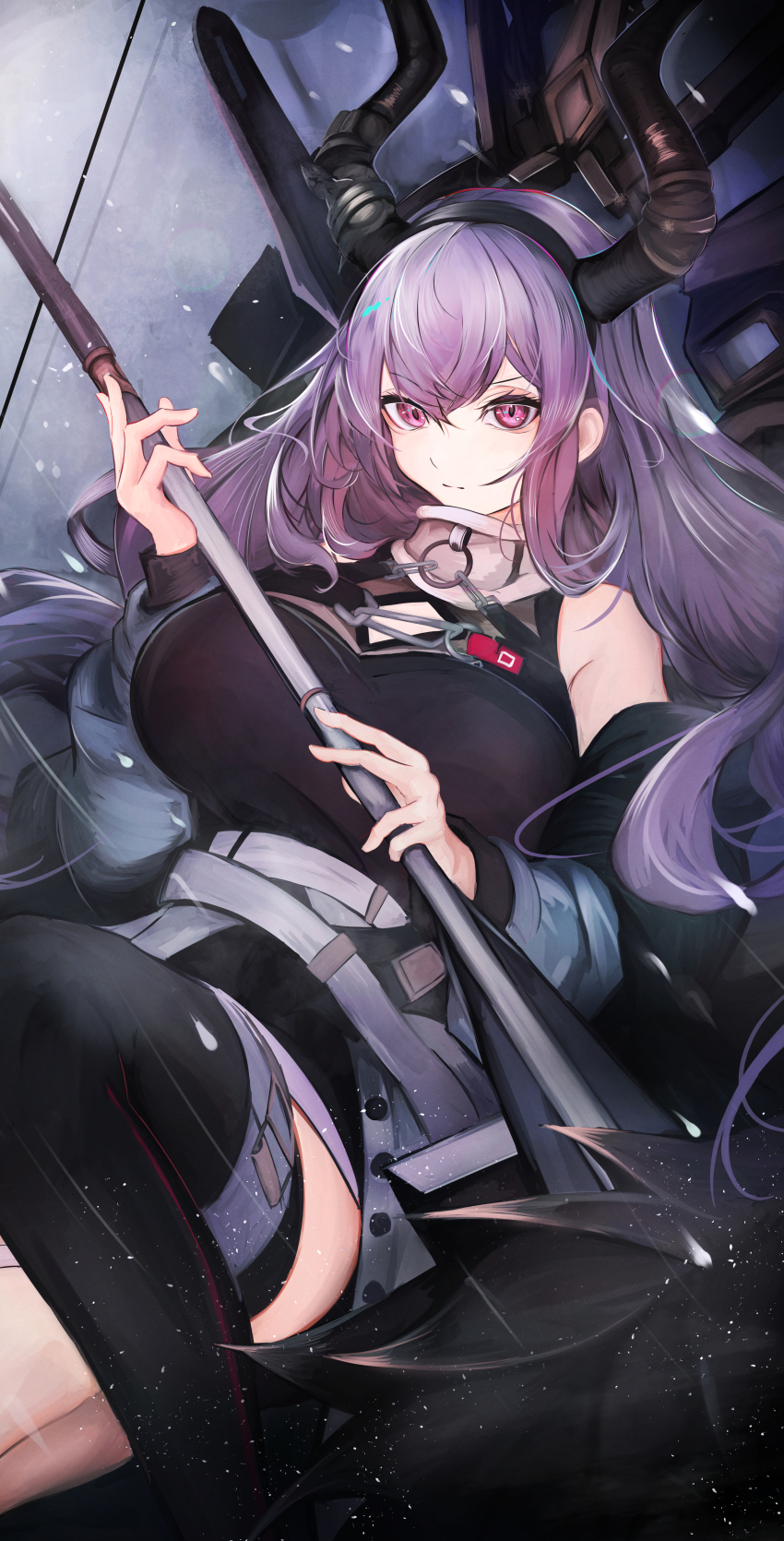 1girl absurdres against_wall arknights arrow_(projectile) bare_shoulders belt black_dress black_thighhighs breasts cleavage_cutout clothing_cutout commentary detached_sleeves dress feet_out_of_frame glaring highres holding holding_arrow honey horns huge_breasts light_particles long_hair looking_at_viewer multiple_belts o-ring purple_eyes purple_hair single_thighhigh solo talz thighhighs typhon_(arknights)