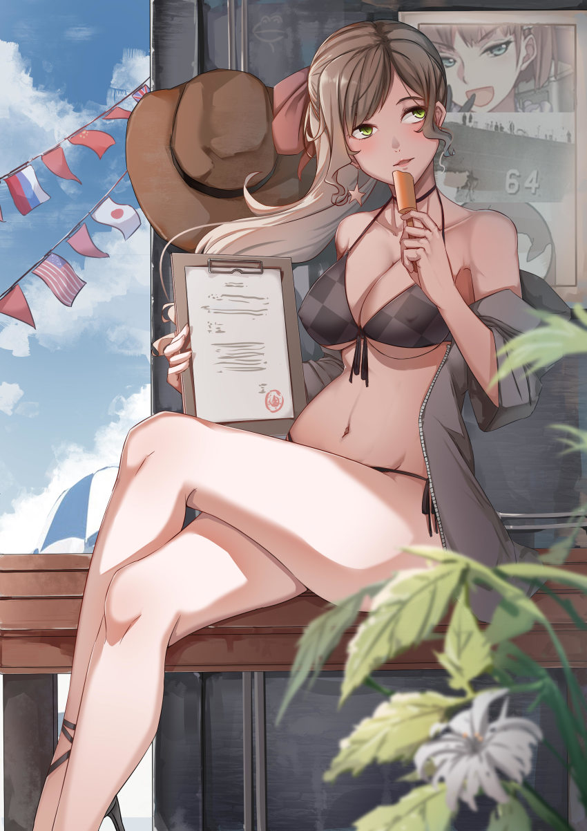 1girl absurdres bare_shoulders bikini blonde_hair breasts checkered_bikini checkered_bikini_top checkered_clothes cleavage clipboard cloud commentary_request crossed_legs earrings female_focus food green_eyes halterneck hat highres holding holding_clipboard jacket jacket_on_shoulders jewelry legs lubikaya missouri_(warship_girls_r) outdoors popsicle side-tie_bikini_bottom signal_flag sky solo strappy_heels string_bikini swimsuit union_jack warship_girls_r wavy_hair wisconsin_(warship_girls_r)