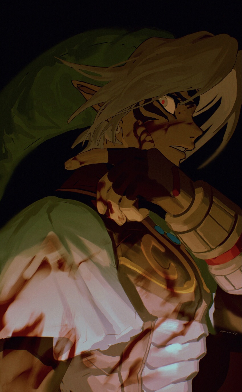 1boy black_background black_gloves blonde_hair blood blood_on_clothes blood_on_face blood_on_hands bracelet clenched_hand colored_sclera dark dele14375735 earrings facepaint fingerless_gloves gloves green_hat green_sleeves green_tunic grey_eyes hat highres hoop_earrings jewelry link lips male_focus nintendo parted_lips pointy_ears red_pupils short_hair simple_background solo teeth the_legend_of_zelda the_legend_of_zelda:_majora&#039;s_mask tunic upper_body wiping_blood yellow_sclera