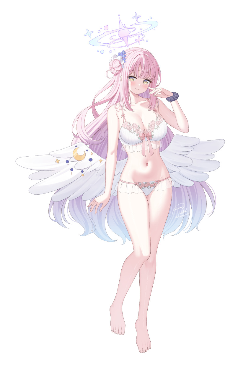 1girl absurdres barefoot blue_archive blush bra breasts cleavage closed_mouth commentary_request crescent crescent_pin crescent_print feathered_wings frilled_bra frills full_body hair_bun hair_ornament halo hand_up highres kurumi_lm large_breasts long_hair looking_at_viewer low_wings mika_(blue_archive) navel panties pink_hair pink_halo scrunchie simple_background single_hair_bun single_side_bun smile solo standing thighs toes underwear white_background white_bra white_panties white_wings wing_ornament wings wrist_scrunchie yellow_eyes