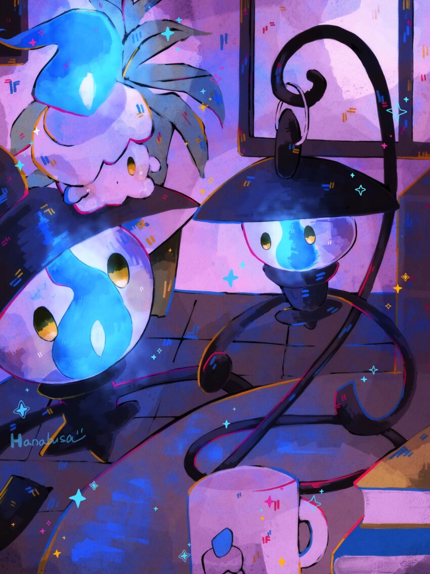 :o blue_fire closed_mouth evolutionary_line fire floating gen_5_pokemon hanabusaoekaki highres indoors lampent litwick nintendo no_humans pokemon pokemon_(creature) yellow_eyes