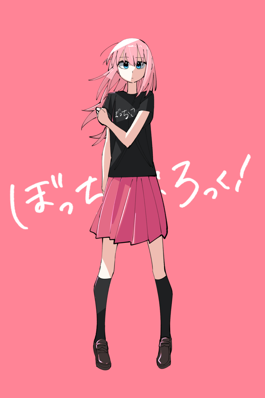 1girl absurdres black_shirt blue_eyes bocchi_the_rock! gotoh_hitori highres looking_at_viewer neonfloyd pink_hair pleated_skirt shirt short_sleeves skirt thighhighs