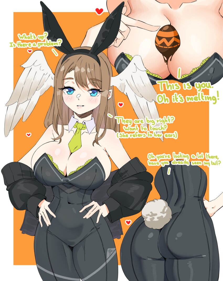 1girl absurdres animal_ear_hairband animal_ears armpit_crease ass bare_shoulders black_hairband border breasts collar collarbone commentary covered_navel detached_collar easter easter_egg egg english_commentary english_text eunie_(xenoblade) fake_animal_ears green_necktie hairband hands_on_own_hips head_wings heart highres i_am_anddo large_breasts light_blush looking_at_viewer multiple_views necktie orange_background outside_border parted_lips rabbit_ears simple_background white_border white_collar wings xenoblade_chronicles_(series) xenoblade_chronicles_3