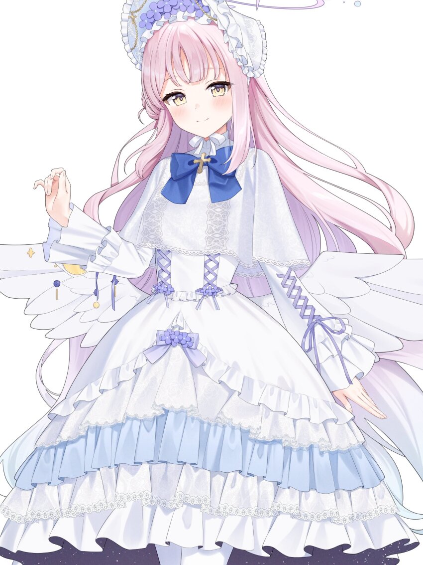 1girl absurdres adapted_costume blue_archive blue_bow blue_bowtie blush bonnet bow bowtie closed_mouth commentary_request dress feathered_wings hand_up highres long_hair long_sleeves looking_at_viewer low_wings mika_(blue_archive) mochiko_(uyu_omochi) pink_hair simple_background smile solo very_long_hair white_background white_bonnet white_dress white_wings wings yellow_eyes