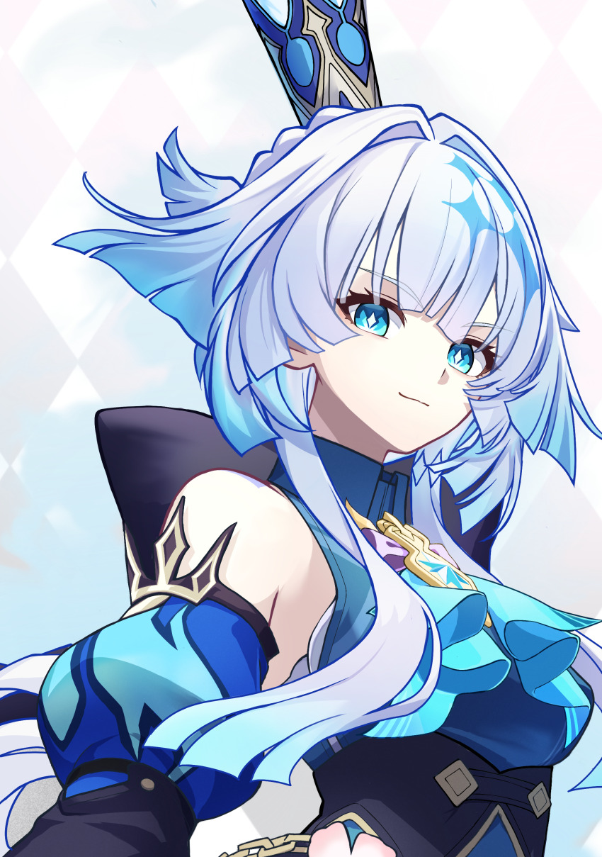 1girl absurdres blue_eyes blue_hair breasts bright_pupils cerydra_(honkai:_star_rail) commentary_request crown detached_sleeves grey_hair hair_intakes highres honkai:_star_rail honkai_(series) long_hair medium_breasts mini_crown multicolored_hair mutumumu smile solo two-tone_hair upper_body white_pupils