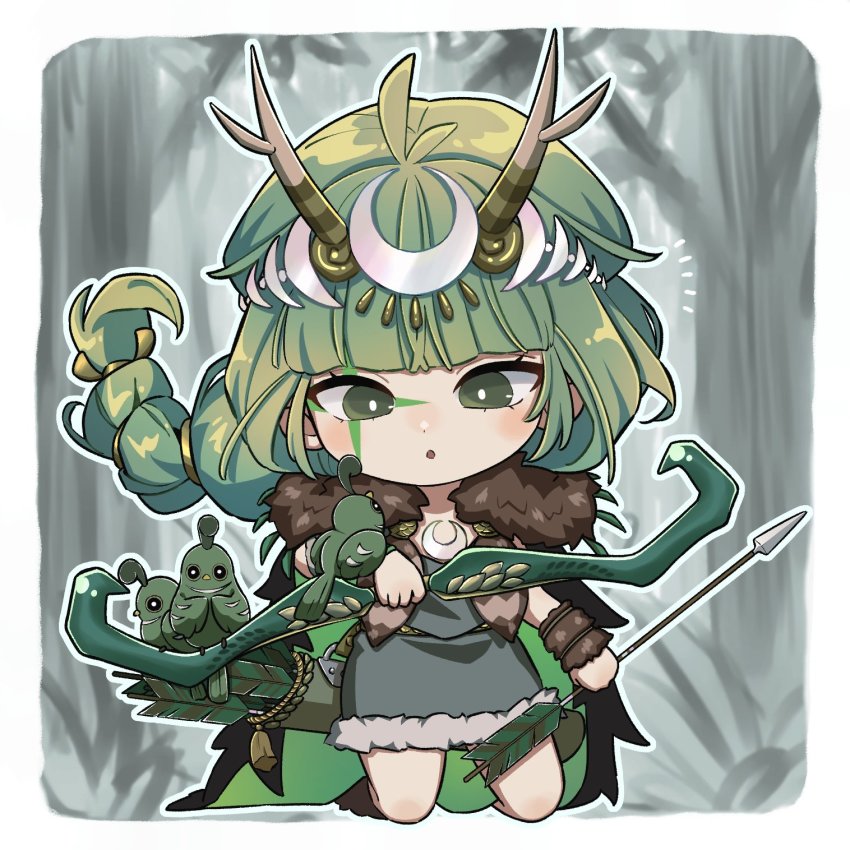 1girl antler_ornament arrow_(projectile) artemis_(hades) bird bow_(weapon) braid cape chibi dress fur_trim green_eyes green_hair hades_(series) hades_1 highres kneeling quail quiver single_braid tree uratamameron weapon