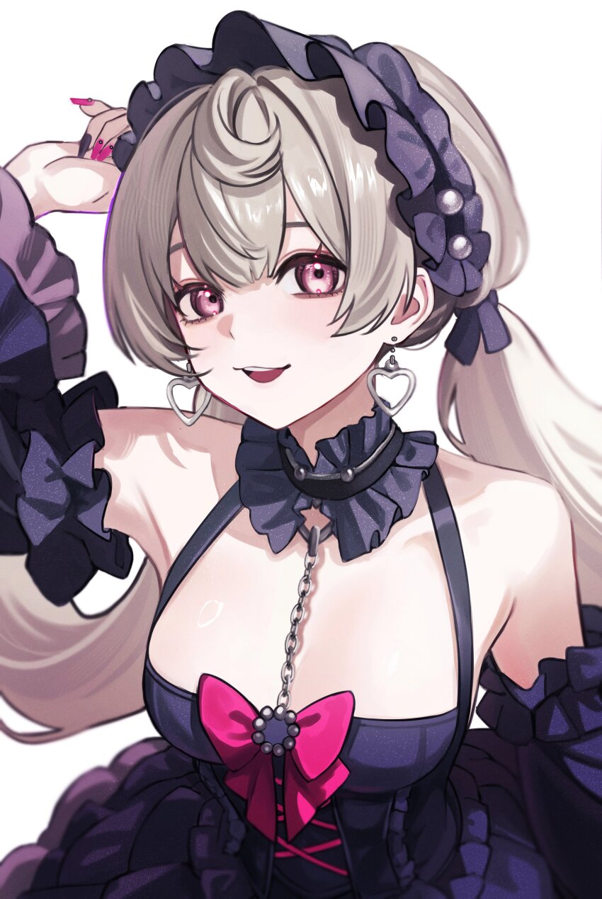 1girl absurdres ahoge armpits bare_shoulders black_nails bonnet breasts corset detached_sleeves earrings frilled_bonnet frills grey_hair hair_between_eyes heart heart_earrings highres ive_(iveith) jewelry long_hair looking_at_viewer low_twintails medium_breasts multicolored_nails nijisanji nijisanji_en open_mouth pink_nails purple_eyes reimu_endou simple_background smile solo twintails virtual_youtuber white_background
