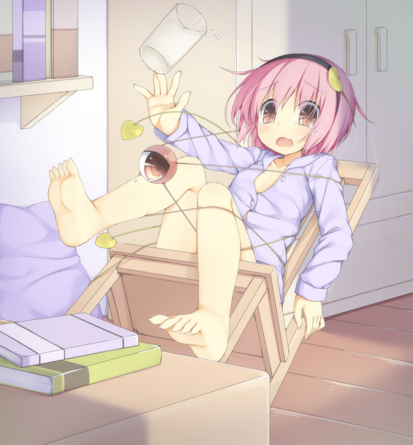 1girl barefoot book bookshelf chair collarbone commentary_request cup desk drinking_glass falling feet female_focus hairband hassai heart highres indoors komeiji_satori long_sleeves naked_shirt open_mouth pink_eyes pink_hair shirt sitting soles solo tears third_eye touhou
