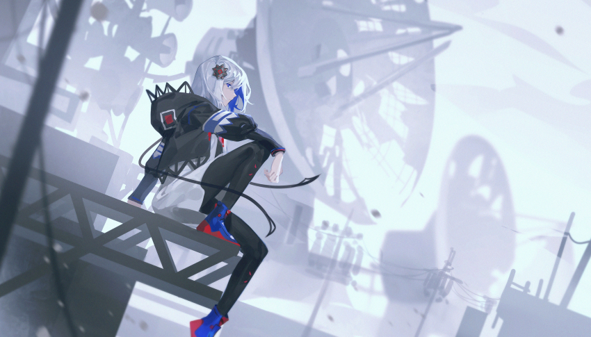 1girl arm_on_knee arm_rest black_flower black_jacket black_leggings blue_boots blue_eyes blue_hair blurry blurry_foreground boots bright_pupils cevio colored_inner_hair commentary dress expressionless film_grain floating_hair flower foot_up from_side hair_flower hair_ornament highres hood hood_down hooded_jacket horn_speaker jacket kamitsubaki_studio knee_up ledge leggings long_sleeves looking_at_viewer looking_to_the_side multicolored_eyes multicolored_hair open_clothes open_jacket outdoors power_lines profile rime_(cevio) satellite_dish short_dress short_hair sitting sky solo utility_pole walluka white_dress white_hair white_pupils white_sky wind