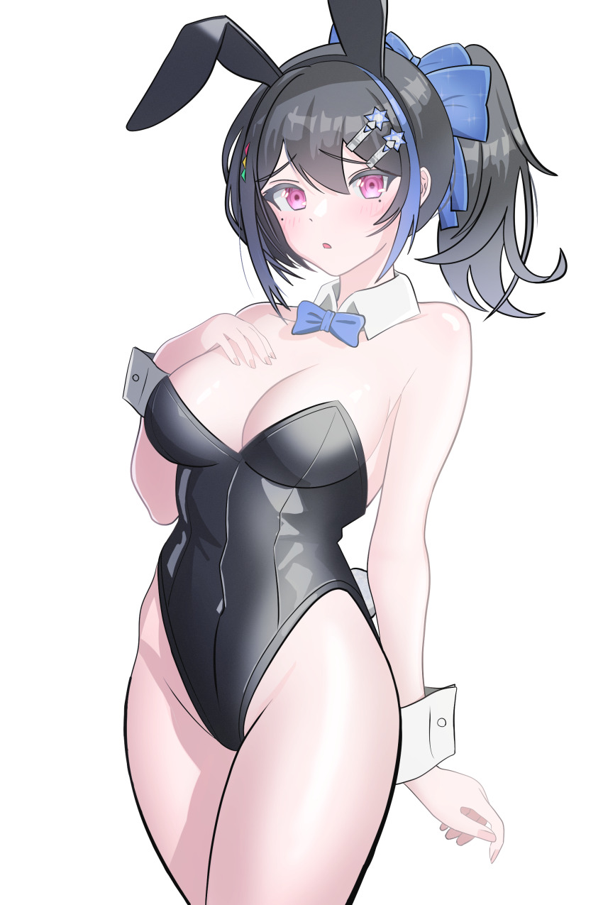 1girl absurdres alternate_costume animal_ears black_leotard blue_bow blush bow breasts cleavage commentary detached_collar english_commentary fake_animal_ears gilijim girls&#039;_frontline hair_bow hair_ornament hairpin hexagram highleg highleg_leotard highres jericho_(girls&#039;_frontline) leotard looking_at_viewer medium_breasts mole mole_under_eye multiple_hairpins multiple_moles open_mouth pink_eyes playboy_bunny ponytail rabbit simple_background solo star_(symbol) star_hair_ornament star_of_david white_background wrist_cuffs