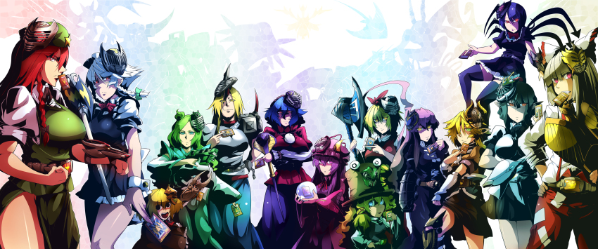 6+girls absurdres alternative_zero asymmetrical_wings axe blonde_hair breasts crossed_arms female_focus fujiwara_no_mokou green_eyes green_hair hair_over_one_eye hat highres hijiri_byakuren hong_meiling horns hoshiguma_yuugi houjuu_nue izayoi_sakuya kamen_rider kamen_rider_femme kamen_rider_gai kamen_rider_imperer kamen_rider_knight kamen_rider_odin kamen_rider_ouja kamen_rider_raia kamen_rider_ryuga kamen_rider_ryuki kamen_rider_ryuki_(series) kamen_rider_scissors kamen_rider_tiger kamen_rider_verde kamen_rider_zolda kochiya_sanae large_breasts legs long_hair long_image maid_headdress mask mizuhashi_parsee moriya_suwako multiple_girls orb parody patchouli_knowledge purple_hair pyonta red_eyes red_hair rumia sagattoru shameimaru_aya short_hair silver_hair single_horn thighhighs toramaru_shou touhou weapon wide_image wings yasaka_kanako zettai_ryouiki