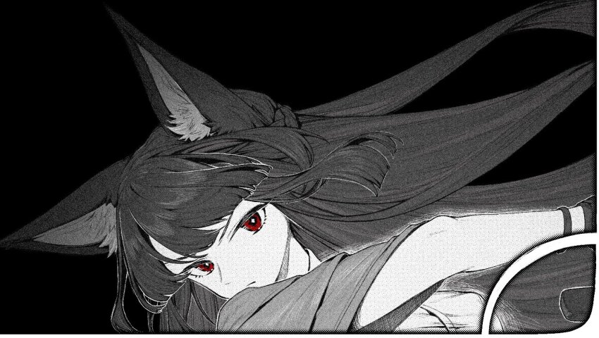 1girl animal_ear_fluff animal_ears black_background blunt_bangs closed_mouth cyta_celest fox_ears fox_girl greyscale hoshimi_miyabi long_hair looking_at_viewer monochrome red_eyes serious sidelocks simple_background solo spot_color upper_body zenless_zone_zero