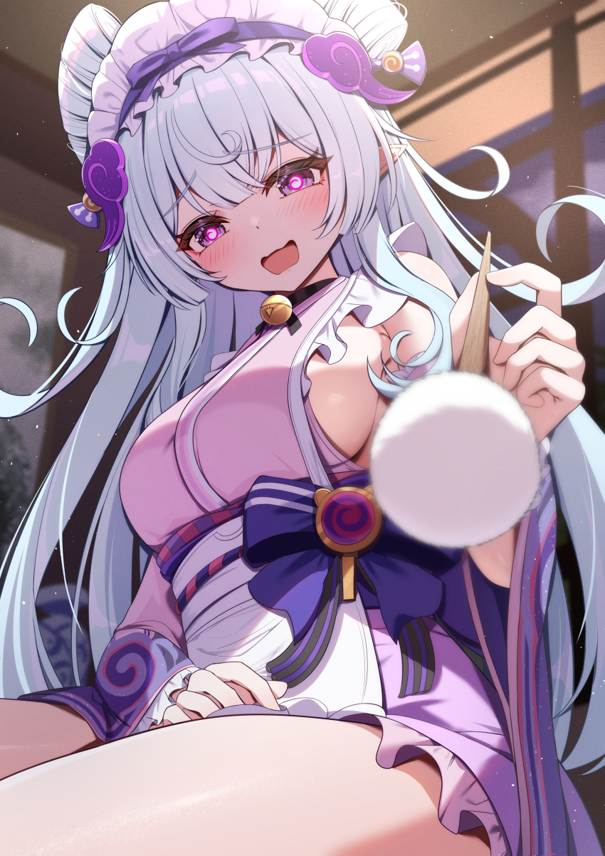 1girl absurdres akuame_(ring3922) apron bare_shoulders bell blush breasts detached_sleeves ear_cleaning genshin_impact grey_hair highres indoors japanese_clothes kimono large_breasts looking_at_viewer maid_headdress mimikaki neck_bell open_mouth pink_kimono purple_eyes sideboob sitting smile solo thighs wariza white_apron wide_sleeves yukata yumemizuki_mizuki