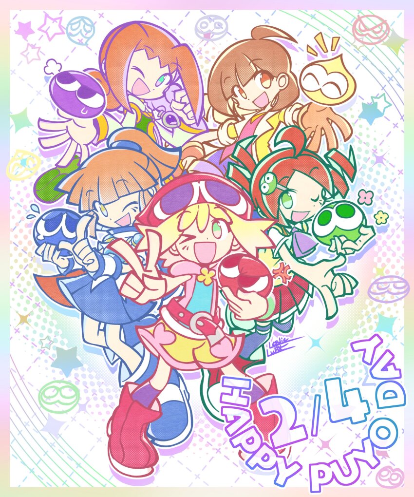 5girls :d ;d absurdres ahoge ally_(puyopuyo) amitie_(puyopuyo) andou_ringo arle_nadja armor ascot atari_(puyopuyo) belt blonde_hair blue_boots blue_skirt blue_thighhighs bob_cut boots border bracelet breastplate brown_eyes brown_gloves brown_hair cape character_hair_ornament character_hat coat collared_shirt commentary dated dress drill_hair flipped_hair gloves gradient_border green_dress green_eyes hair_ornament hairclip hat highres holding hood hood_down hoodie jewelry leslietheluna long_hair long_sleeves multiple_girls official_style one_eye_closed open_clothes open_coat open_mouth orange_hair pendant pink_hoodie pink_shirt pink_shorts pleated_skirt ponytail purple_ascot purple_shorts purple_socks puyo_(puyopuyo) puyopuyo red_belt red_boots red_cape red_hair red_hat red_skirt school_uniform shirt short_hair short_sleeves shorts shoulder_pads single_glove skirt sleeveless sleeveless_hoodie sleeves_rolled_up smile socks sparkle star_(symbol) sweater_vest thighhighs twin_drills v white_background white_shirt wristband yellow_coat yellow_eyes yellow_sweater_vest