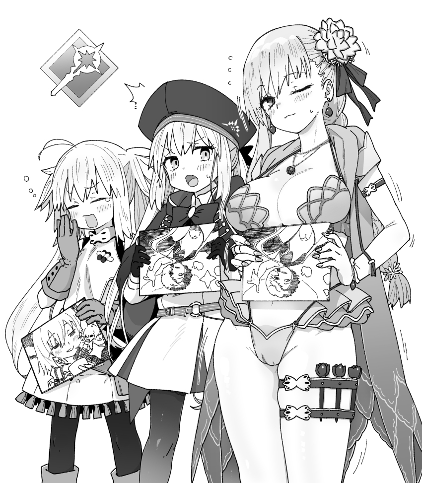 3girls absurdres ahoge artoria_caster_(fate) artoria_caster_(first_ascension)_(fate) artoria_caster_(second_ascension)_(fate) artoria_pendragon_(fate) beret bikini breasts craft_essence_(fate) earrings fate/grand_order fate_(series) flower fou_(fate) gameplay_mechanics gloves greyscale hair_flower hair_ornament hat highres jewelry kama_(fate) kama_(swimsuit_avenger)_(second_ascension)_(fate) large_breasts long_hair mash_kyrielight monochrome multiple_girls one_eye_closed pantyhose pendant swimsuit thigh_strap twintails van_gogh_(fate) van_gogh_(sink_deeper)_(fate) waira yawning