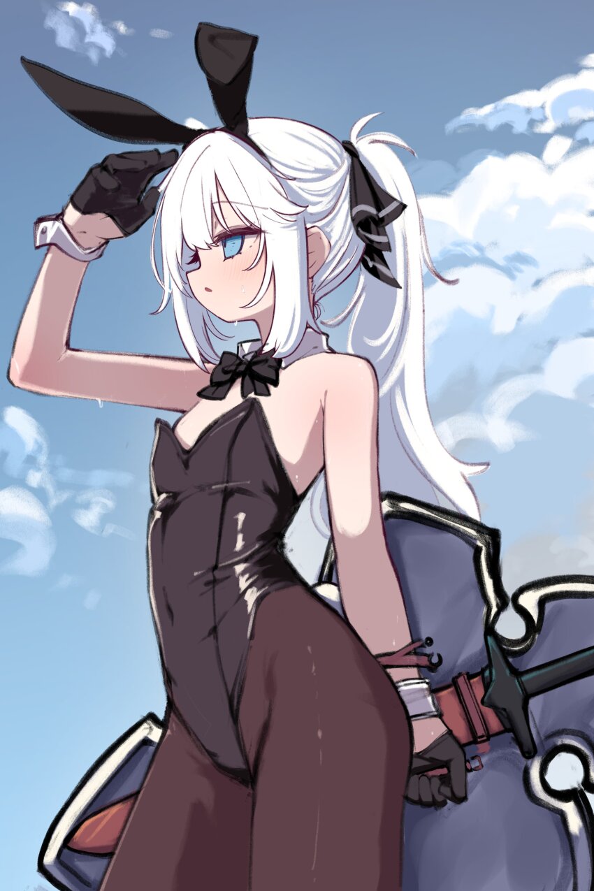 1girl absurdres animal_ears arm_behind_back arm_cuffs arm_shield arm_up bare_shoulders black_bow black_bowtie black_gloves black_leotard black_ribbon blue_eyes blush bow bowtie breasts cowboy_shot detached_collar fake_animal_ears fake_tail from_side gloves hair_ribbon hairband highleg highleg_leotard highres holding holding_weapon kimhiro leotard long_hair original outdoors pantyhose playboy_bunny ponytail rabbit_ears rabbit_tail ribbon shield sky small_breasts solo standing strapless strapless_leotard sweat sword tail weapon wrist_cuffs