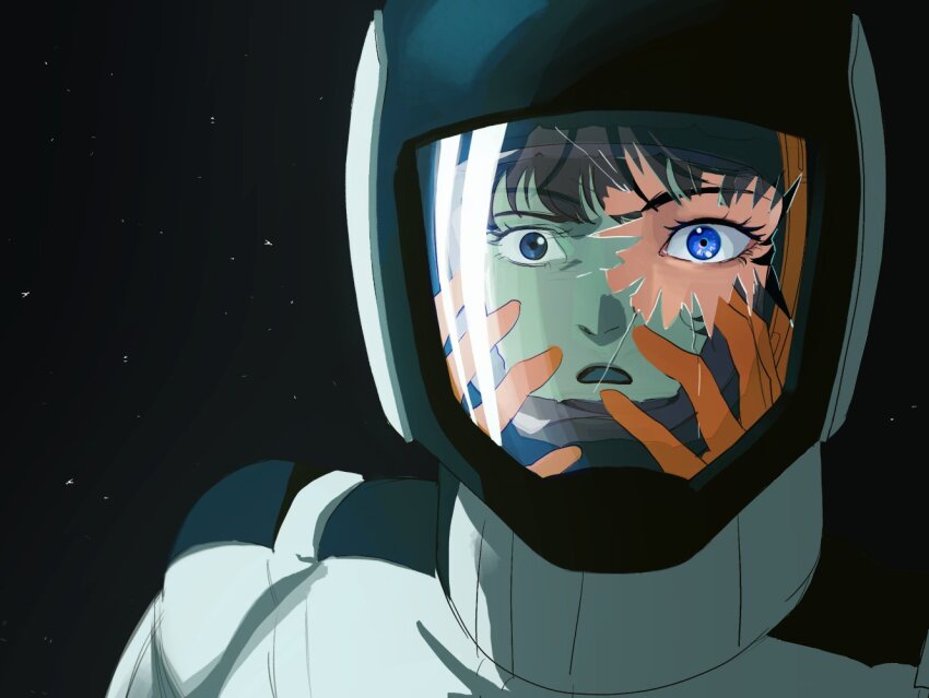 1boy 1girl blue_eyes bodysuit broken_glass broken_helmet commentary_request eyelashes fa_yuiry frown glass gloves gundam hand_on_own_face hand_to_own_mouth hands_up helmet kamille_bidan korean_commentary looking_at_viewer mecha_pilot_suit normal_suit_(gundam) orange_gloves orange_helmet parted_lips portrait pov reflection se8000601 space space_helmet spacesuit split_theme spoilers star_(sky) white_bodysuit zeta_gundam