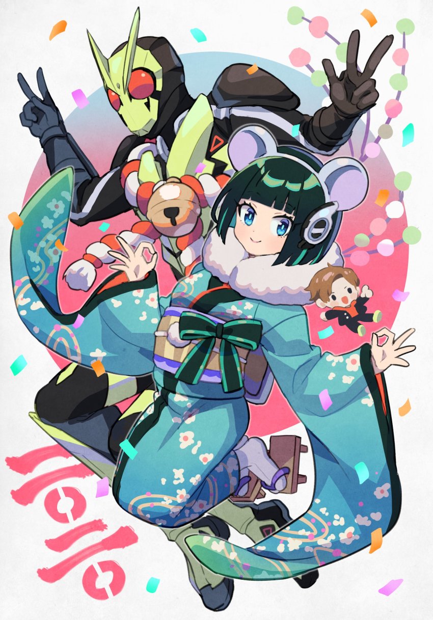 1boy 1girl 2020 animal_ears bell character_doll double_v fake_animal_ears geta hiden_aruto highres humagear_headphones izu_(kamen_rider_01) japanese_clothes kamen_rider kamen_rider_01_(series) kamen_rider_zero-one kimono mouse_ears shinonoko_(tubamecider) smile v wide_sleeves