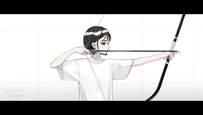 1girl alien_stage arrow_(projectile) black_hair bob_cut bow_(weapon) choker commentary dress english_commentary highres holding holding_bow_(weapon) holding_weapon letterboxed mani_mani_(vocaloid) mixed-language_commentary moonie short_hair short_sleeves signature solo sua_(alien_stage) weapon white_choker white_dress