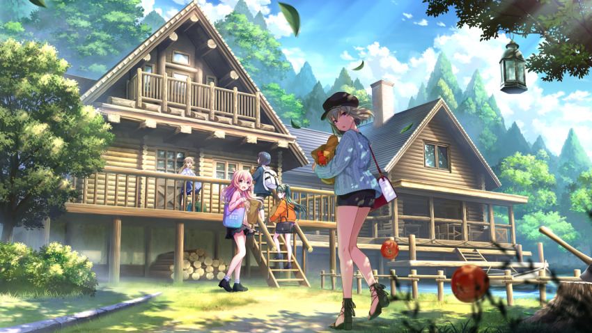 akazaki_kokoro axe backpack bag balcony black_hair blonde_hair braid building bush cloud dropping food fruit game_cg grass green_hair handbag hat highres hood hoodie idoly_pride igawa_aoi kanzaki_rio komiyama_ai lantern leaf log log_cabin narumiya_suzu official_art pink_hair purple_eyes sandals skirt stairs tree tree_stump water