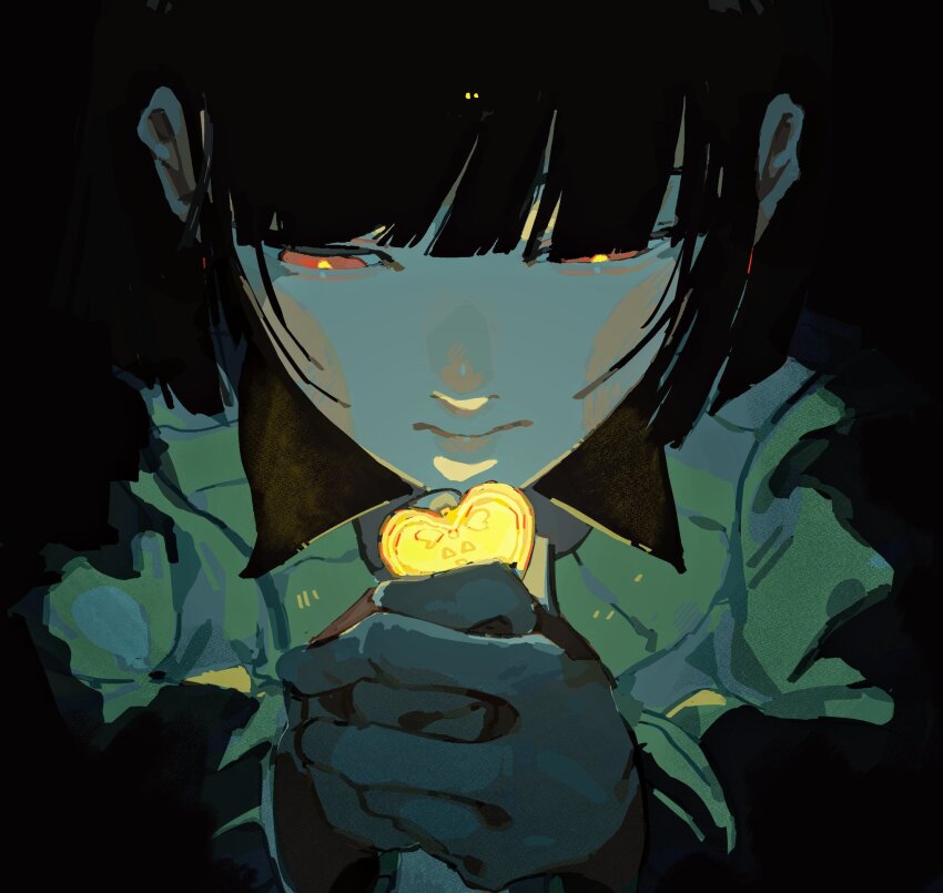 1other artistlove_knm black_background black_hair blunt_bangs blunt_ends bob_cut bright_pupils chara_(undertale) closed_mouth collared_shirt commentary_request from_above glowing glowing_jewelry glowing_necklace gold_necklace green_sweater heart heart_necklace highres holding holding_jewelry holding_necklace interlocked_fingers jewelry long_sleeves looking_at_object looking_down necklace own_hands_clasped own_hands_together portrait puffy_long_sleeves puffy_sleeves red_eyes shirt short_hair simple_background solo sweater underlighting undertale yellow_pupils