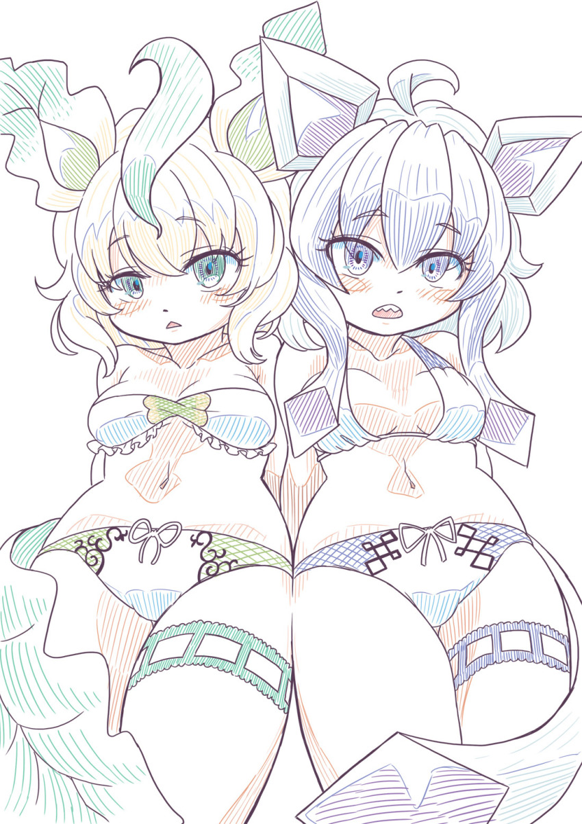 2girls ahoge bikini blonde_hair blue_bikini blue_eyes blue_hair blush breasts commentary_request cookie_(touhou) cowboy_shot expressionless gen_4_pokemon glaceon green_eyes highres leafeon looking_at_viewer medium_breasts multiple_girls nintendo nyon_(cookie) open_mouth pokemon sharp_teeth sidelocks simple_background swimsuit teeth triangle_mouth tsuzuchii upper_teeth_only white_background white_bikini