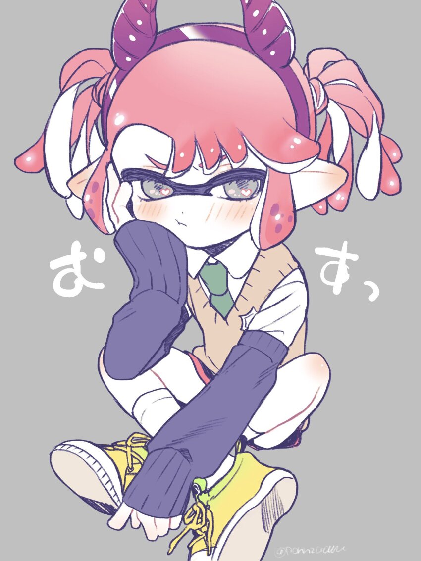 1girl :t amezawa_koma black_arm_warmers black_shorts closed_mouth collared_shirt commentary_request dot_nose fake_horns full_body green_necktie grey_background grey_eyes hairband hand_on_own_cheek hand_on_own_face heart heart_in_eye highres horn_hairband horns inkling inkling_girl inkling_player_character long_sleeves necktie nintendo pink_hair pointy_ears purple_hairband purple_horns shirt shoes short_hair short_twintails shorts sidelocks sitting sneakers socks solo splatoon_(series) sweater_vest swept_bangs symbol_in_eye tentacle_hair twintails v-shaped_eyebrows white_shirt white_socks yellow_shoes yellow_sweater_vest
