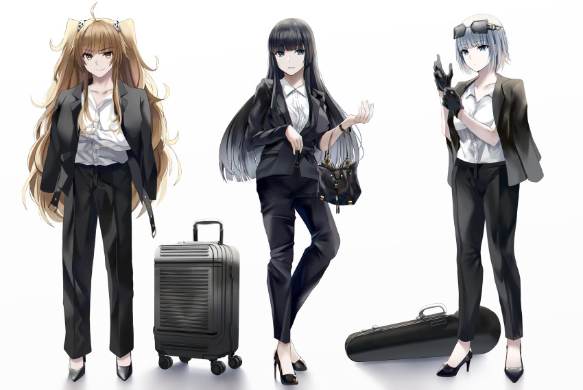 &gt;:) 3girls adjusting_clothes adjusting_gloves ahoge bag belt black_footwear black_gloves black_hair black_jacket black_pants black_suit blue_eyes blunt_bangs bob_cut bracelet brown_eyes closed_mouth collarbone collared_shirt commentary contrapposto crossed_arms dress_shirt english_commentary eyelashes eyewear_on_head formal_clothes full_body gloves grey_hair hair_ornament handbag high_heels highres hime_cut jacket jacket_on_shoulders jewelry light_brown_hair long_hair long_sleeves looking_at_viewer looking_away luggage multiple_girls nicky_w open_clothes open_collar open_jacket original pant_suit pants parted_lips rolling_suitcase shirt shirt_tucked_in short_hair short_sleeves simple_background skull_hair_ornament smile standing stiletto_heels straight_hair suit suitcase sunglasses swept_bangs tsurime v-shaped_eyebrows violin_case wavy_hair white_shirt wing_collar