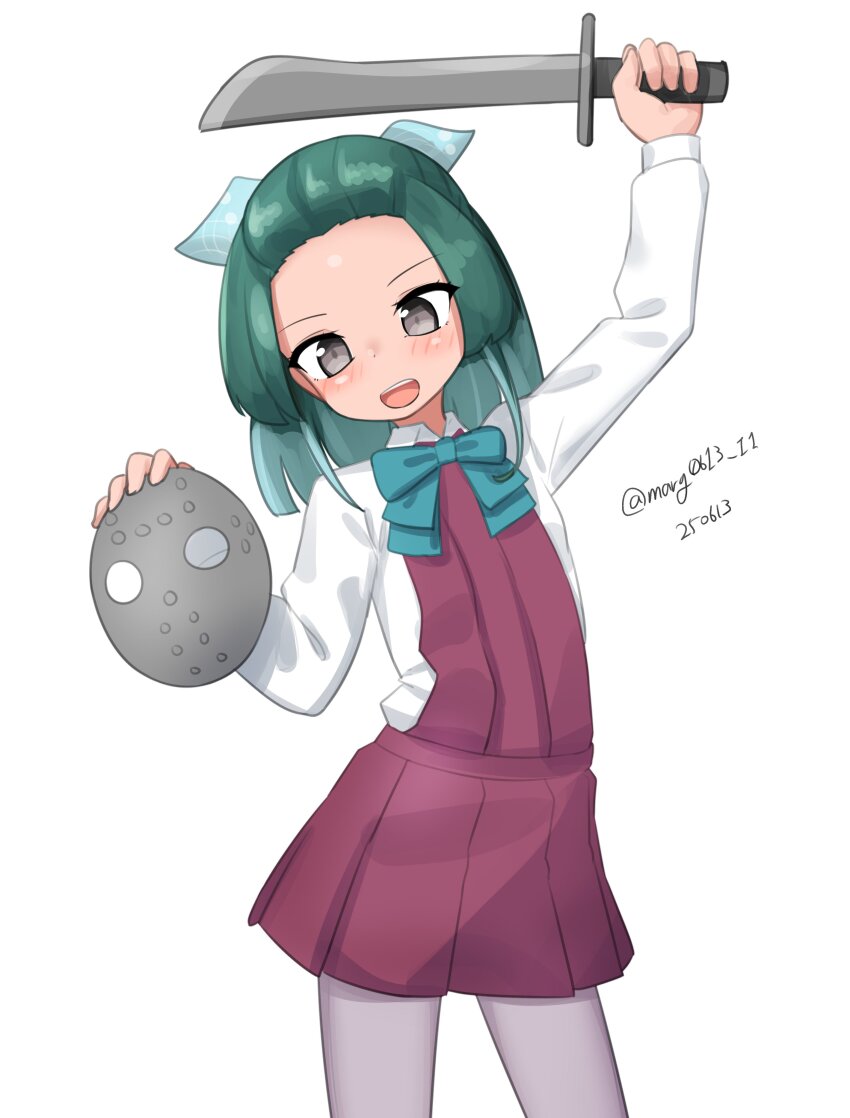 1girl absurdres aqua_bow bow collared_shirt contrapposto dated dress dress_shirt forehead green_hair grey_eyes grey_pantyhose halter_dress halterneck highres hockey_mask holding_machete kantai_collection machete maru_(marg0613) mask medium_hair one-hour_drawing_challenge pantyhose pleated_dress polka_dot polka_dot_ribbon ribbon shirt simple_background solo standing suzunami_(kancolle) sword twitter_username weapon white_background white_shirt