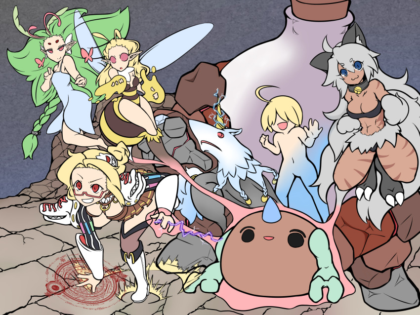 1boy 4girls animal_ears antennae arthropod_girl bayeri_(ragnarok_online) bee_girl bell bikini black_bikini black_thighhighs blonde_hair blue_eyes boots breasts brown_skirt cat_ears cat_girl cat_tail cleavage commentary_request dark-skinned_female dark_skin dieter_(ragnarok_online) eira_(ragnarok_online) eleanor_(ragnarok_online) elysia_(honkai_impact) elysia_(miss_pink_elf)_(honkai_impact) fold-over_boots full_body genetic_(ragnarok_online) green_hair grey_hair grin highres insect_girl jingle_bell large_breasts long_hair magic_circle mask mask_on_head medium_breasts multiple_girls neck_bell open_mouth pointy_ears ragnarok_iris ragnarok_online red-framed_eyewear red_eyes rock semi-rimless_eyewear sera_(ragnarok_online) short_hair skirt slime_(creature) small_breasts smile swimsuit tail thighhighs under-rim_eyewear unicorn v-shaped_eyebrows vambraces vanilmirth_(ragnarok_online) very_long_hair white_boots