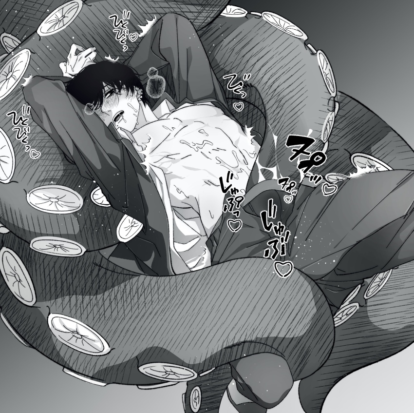 1boy chainsaw_man commentary_request ear_piercing gradient_background greyscale hair_over_one_eye heart highres jacket long_sleeves male_focus monochrome multiple_piercings navel open_clothes open_jacket open_mouth open_shirt pants pectorals piercing school_uniform siraco_(sira5_3) solo sound_effects teeth tentacles toned toned_male yoshida_hirofumi