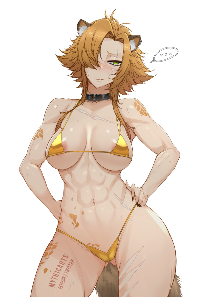 ... 1girl abs absurdres alternate_costume animal_ear_fluff animal_ear_piercing areola_slip artist_name averting_eyes bare_arms bare_shoulders belt_collar bikini black_nails blush body_markings breasts breasts_apart brown_hair collar commentary contrapposto cowboy_shot curtained_hair fang fingernails forehead gluteal_fold gold_bikini golden_week golden_week_bikini green_eyes hair_over_one_eye hands_on_own_hips highleg highleg_bikini highres hyena_ears hyena_girl hyena_tail idol_corp large_breasts medium_hair micro_bikini myth1carts navel one_eye_covered scar scar_across_eye scar_on_chest scar_on_face scar_on_leg scar_on_stomach sharp_fingernails shy sidelocks simple_background skin_fang solo stomach sweat swimsuit thick_thighs thighs toned toned_female virtual_youtuber white_background yena_youngblood