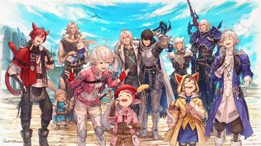 2others 4girls 6+boys ^_^ adventurer_(ff14) ahoge alisaie_leveilleur alphinaud_leveilleur animal_ears arm_around_shoulder armor artist_name beret black_dress black_footwear black_pants black_scarf blue_coat blue_eyes blue_sky boots border bracer breastplate brown_hair cat_boy cat_ears cat_tail chest_belt closed_eyes cloud coat day dragoon_(final_fantasy) dress earclip elbow_gloves elezen elf estinien_varlineau fading_border final_fantasy final_fantasy_xiv fingerless_gloves fur-trimmed_dress fur_trim g&#039;raha_tia gauntlets gloves greaves grin group_picture hand_on_own_chest hand_on_own_hip happy hat hat_feather hatching_(texture) jacket jewelry krile_baldesion_(ff14) lalafell lance laughing leaning_forward livingway loporrit miqo&#039;te multiple_boys multiple_girls multiple_others neck_ring official_art okamoto_koudai open_mouth outdoors paladin_(final_fantasy) pants pendant pink_hair pointy_ears polearm red_gloves red_hat red_jacket scarf short_hair signature simple_bird sky smile staff standing tail tataru_taru tearing_up thancred_waters thigh_boots third-party_source urianger_augurelt warrior_of_light_(ff14) weapon weapon_on_back white_border white_gloves white_hair y&#039;shtola_rhul