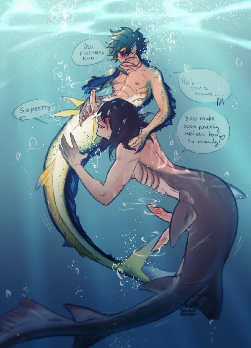 2boys abs animal_penis black_hair boku_no_hero_academia bubble cum dorsal_fin ejaculation english_text erection extra_penises green_hair highres kirishima_eijiro male_focus merman midoriya_izuku monster_boy monsterification multiple_boys nipples official_alternate_hair_color pectorals penis pointy_ears sharp_teeth short_hair spacenipnops speech_bubble submerged teeth underwater yaoi