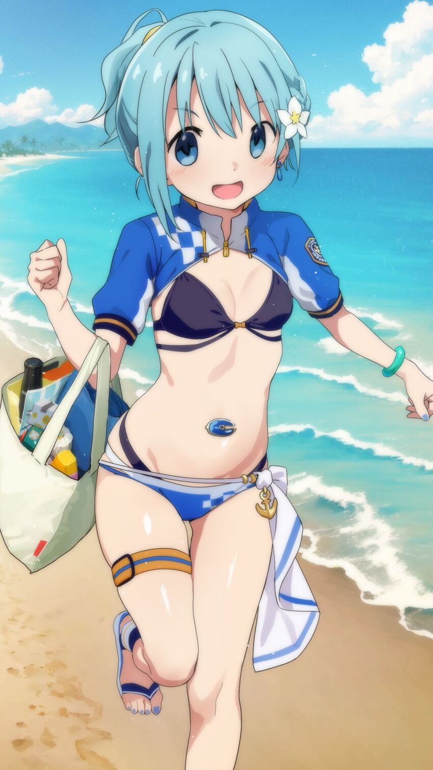 1girl anchor_ornament anshinmama bag beach bikini blue_eyes blue_hair blue_nails blue_sky breasts cloud commentary_request day feet_out_of_frame flower hair_flower hair_ornament highres looking_at_viewer mahou_shoujo_madoka_magica miki_sayaka miki_sayaka_(surfer_ver.) mismatched_bikini nail_polish outdoors ponytail running sandals short_hair shrug_(clothing) simple_background sky small_breasts solo soul_gem swimsuit toenail_polish toenails white_background