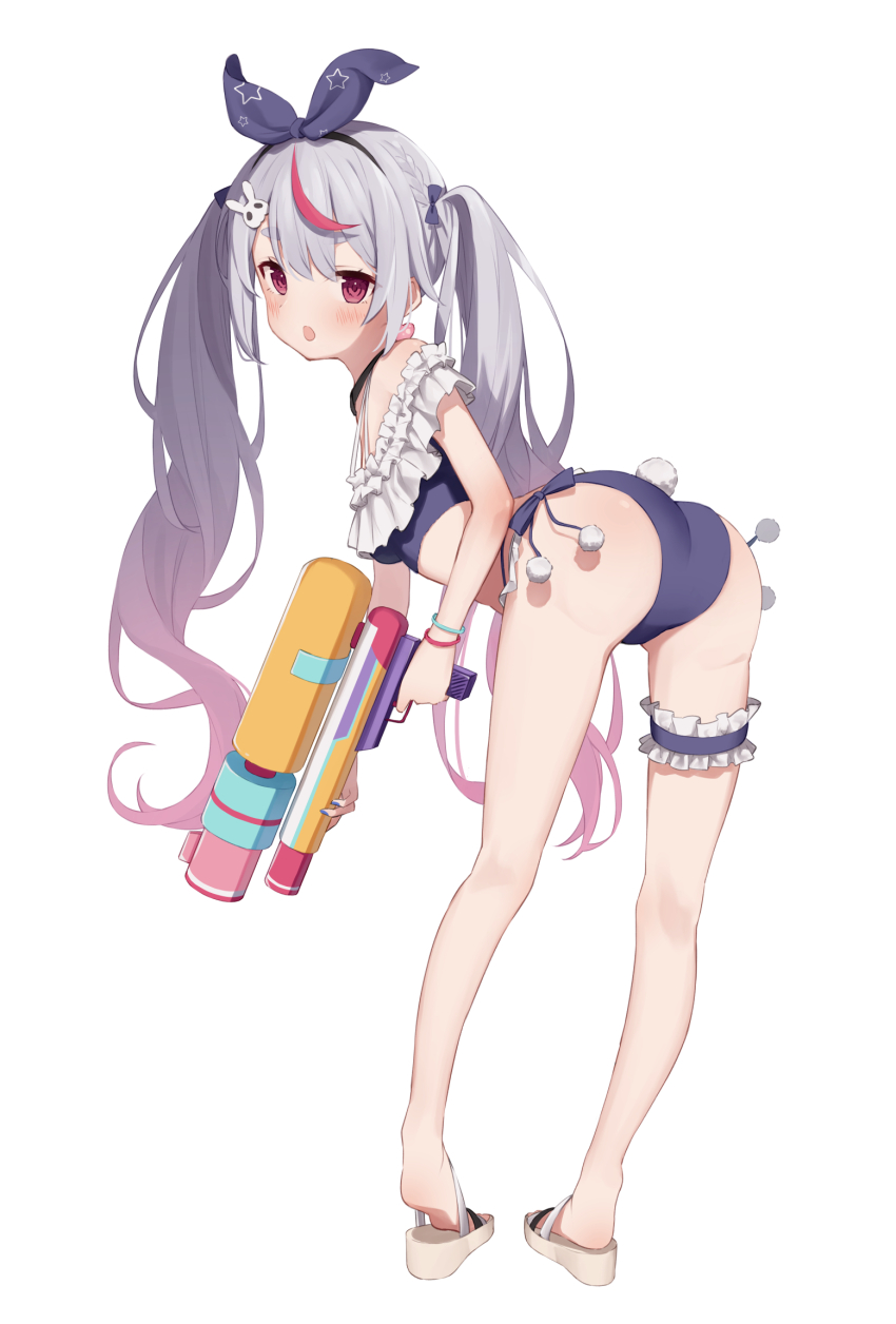 1girl bare_legs feet frilled_thigh_strap gradient_hair hair_ornament hairband hairclip heel_up highres legband legs long_hair multicolored_hair off_shoulder purple_hair rabbit_girl rabbit_tail sandals soles solo swimsuit tail thigh_strap tosaki_mimi tosaki_mimi_(summer_c102) twintails virtual_youtuber vspo! water_gun yadon_otaku