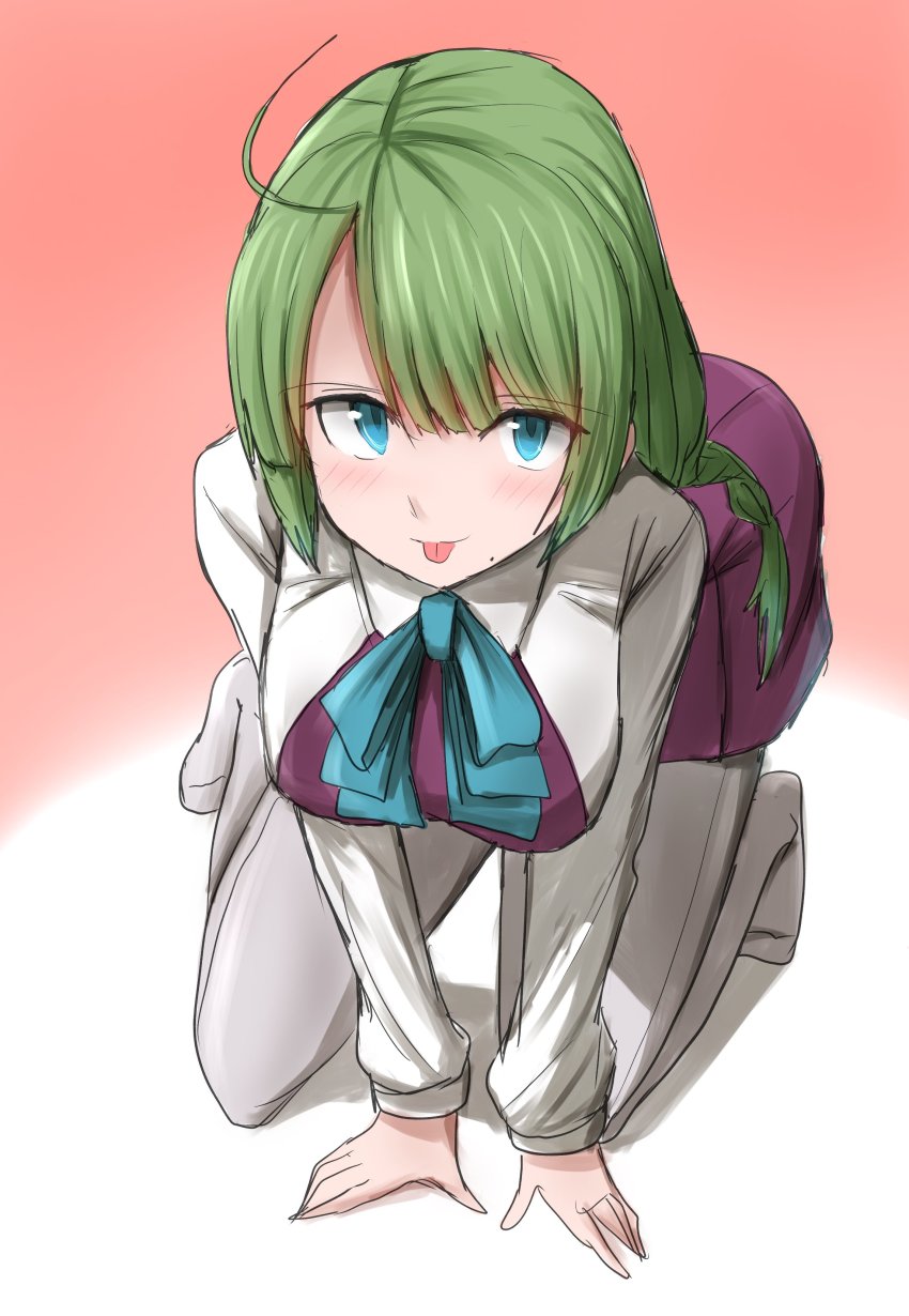 1girl absurdres ahoge all_fours aqua_bow aqua_bowtie blue_eyes bow bowtie braid dress green_hair grey_pantyhose halter_dress halterneck highres kamaboko_senshi kantai_collection long_hair mole mole_under_mouth pantyhose purple_dress school_uniform shirt single_braid solo tongue tongue_out very_long_hair white_shirt yuugumo_(kancolle)