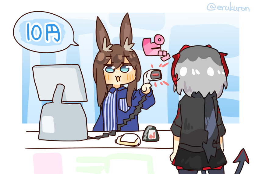 2girls :3 amiya_(arknights) animal_ears arknights back barcode_scanner black_jacket black_skirt blue_eyes blue_shirt brown_hair cash_register chibi commentary convenience_store counter demon_girl demon_tail food highres holding holding_barcode_scanner jacket lawson lcron looking_at_another multiple_girls onigiri rabbit_ears shirt shop skirt standing store_clerk striped_clothes striped_shirt tail translated uniform w_(arknights)
