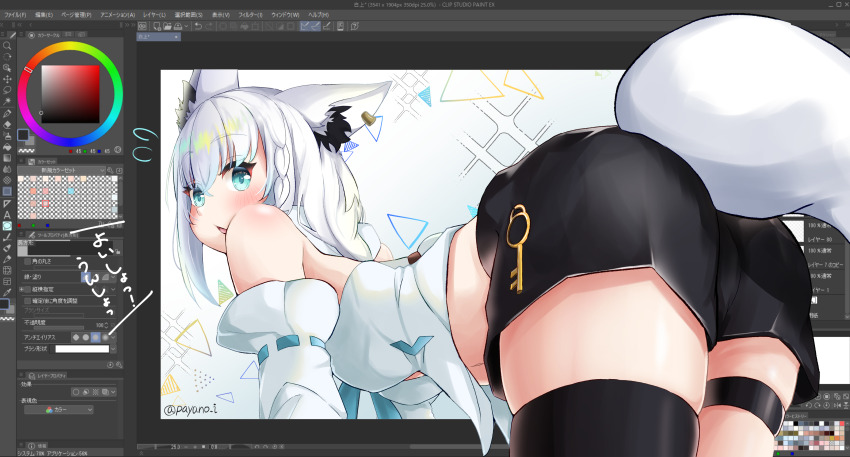 1girl absurdres ahoge all_fours animal_ear_fluff animal_ears black_shorts black_thighhighs blush braid clip_studio_paint commentary_request detached_sleeves earrings fox_ears fox_girl fox_tail green_eyes hair_between_eyes highres hololive hood hoodie jewelry key long_hair looking_at_viewer open_mouth payano_i shirakami_fubuki shirakami_fubuki_(1st_costume) short_shorts shorts sidelocks single_braid single_thighhigh solo tail thigh_strap thighhighs thighs through_medium through_screen twitter_username virtual_youtuber white_hair white_hoodie