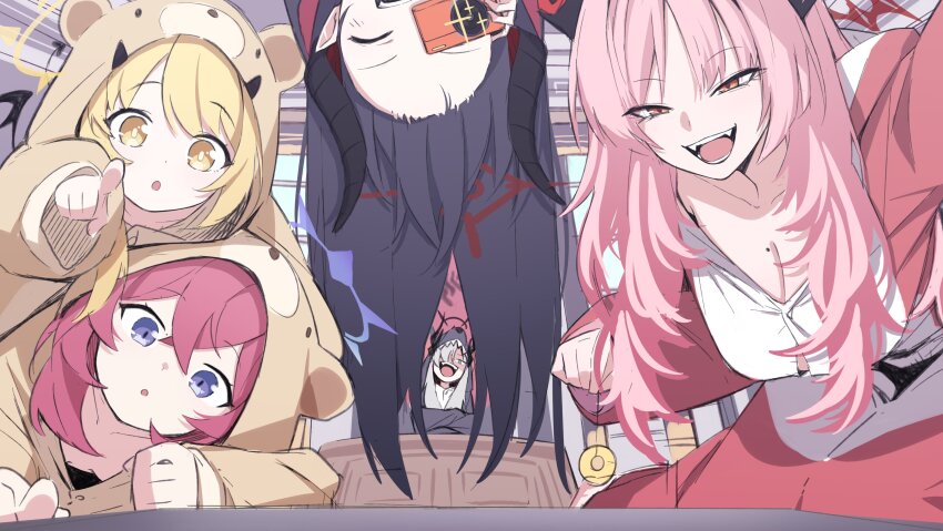 5girls absurdres alternate_costume black_hair black_horns blonde_hair blue_archive breasts chiaki_(blue_archive) grey_hair halo highres horns ibuki_(blue_archive) iroha_(blue_archive) makoto_(blue_archive) mmhomm mole mole_on_breast multiple_girls multiple_horns pajamas pandemonium_society_(blue_archive) pink_hair satsuki_(blue_archive)