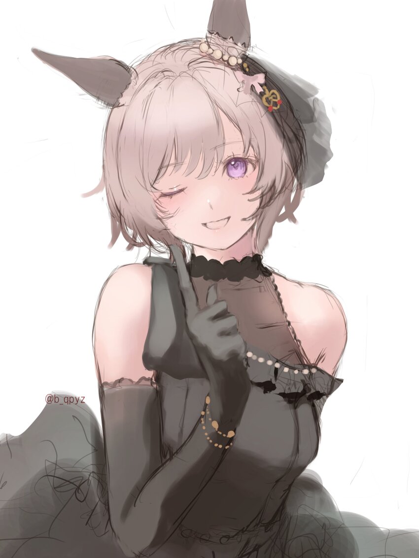 1girl :d absurdres animal_ears b_qpyz bare_shoulders black_dress black_gloves blush breasts cleavage covered_collarbone curren_chan_(sakutsuki_ma_cherie)_(umamusume) curren_chan_(umamusume) dress elbow_gloves frilled_dress frills gloves grey_hair grin hair_between_eyes heart highres horse_ears looking_at_viewer medium_breasts one_eye_closed open_mouth purple_eyes see-through_clothes see-through_cleavage sleeveless sleeveless_dress smile solo umamusume upper_body