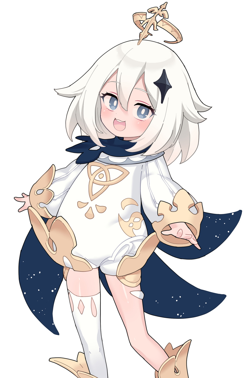 1girl :d absurdres black_cape blue_eyes blush boots bright_pupils cape commentary dress feet_out_of_frame genshin_impact hair_between_eyes hair_ornament halo highres long_sleeves looking_at_viewer open_mouth paimon_(genshin_impact) puffy_long_sleeves puffy_sleeves robo_mikan scarf short_hair simple_background single_thighhigh smile solo standing teeth thighhighs thighhighs_under_boots upper_teeth_only white_background white_dress white_hair white_pupils white_thighhighs