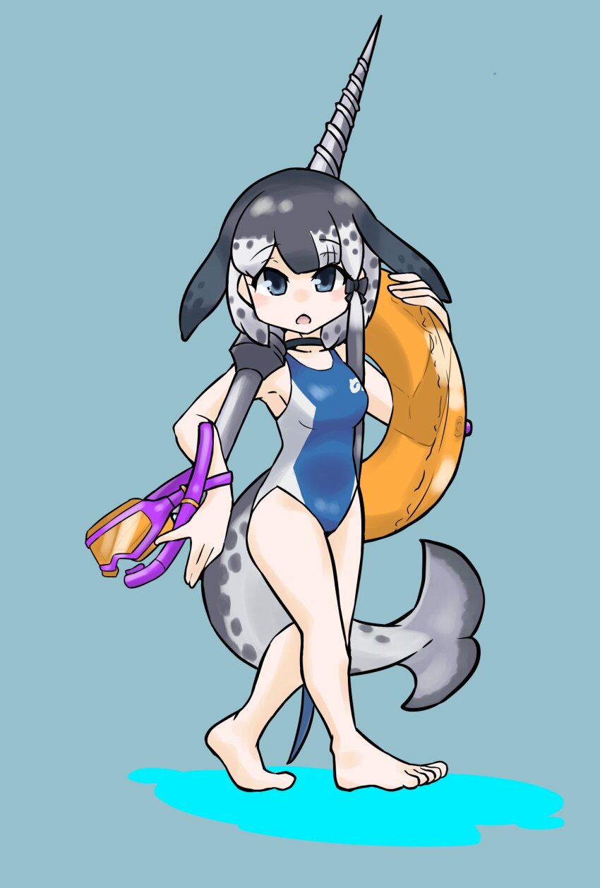 1girl alternate_costume bare_arms bare_legs bare_shoulders barefoot black_bow black_choker blue_eyes blue_one-piece_swimsuit blush bow cetacean_tail choker collarbone competition_swimsuit fins fish_tail gravi_pig4891 grey_hair grey_one-piece_swimsuit hair_bow head_fins highres innertube japari_symbol kemono_friends looking_at_viewer multicolored_hair narwhal_(kemono_friends) one-piece_swimsuit polearm short_hair short_hair_with_long_locks snorkel_mask solo spear swim_ring swimsuit tail two-tone_hair two-tone_one-piece_swimsuit weapon whale_girl