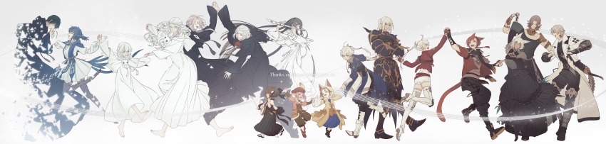 absurdres alisaie_leveilleur alphinaud_leveilleur animal_hood bard_(final_fantasy) black_robe blue_hair brown_hair cat_hood dancing dress elezen elf emet-selch estinien_varlineau facial_mark fermium.ice final_fantasy final_fantasy_xiv flute g&#039;raha_tia hermes_(ff14) highres hood hythlodaeus hyur instrument krile_baldesion_(ff14) lalafell long_image lute_(instrument) meteion miqo&#039;te pointy_ears purple_hair red_hair robe smile spoilers tataru_taru thancred_waters urianger_augurelt venat_(ff14) warrior_of_light_(ff14) whisker_markings white_hair wide_image y&#039;shtola_rhul