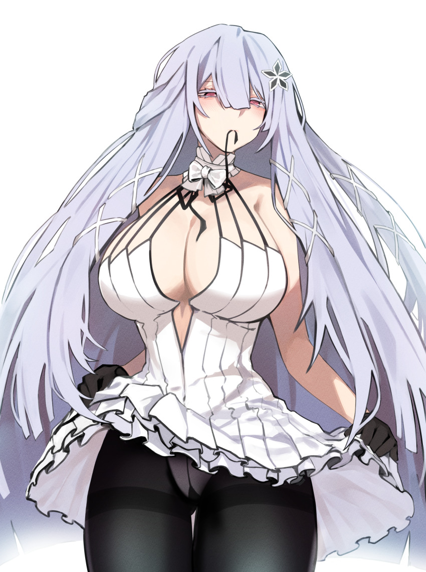 1girl absurdres bare_shoulders black_gloves black_pantyhose black_ribbon blunt_bangs blunt_ends bow bowtie breasts cleavage clothes_lift commentary counter:side cowboy_shot dress dress_lift flower frilled_dress frills gloves hair_between_eyes hair_flower hair_ornament half-closed_eyes halter_dress halterneck highres large_breasts lifting_own_clothes long_hair looking_at_viewer mouth_hold pantyhose pink_eyes purple_hair ribbon ribbon_in_mouth simple_background solo swan_claire very_long_hair white_background white_bow white_bowtie white_dress x_hair_ornament zanlyu