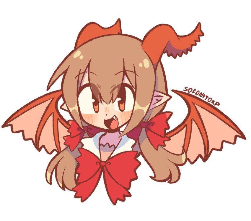 1girl blush bow brown_eyes brown_hair character_request copyright_request dragon_girl dragon_horns dragon_wings fang hair_bow highres horns long_hair looking_at_viewer open_mouth pointy_ears red_bow simple_background smile sofo_soup solo white_background wings